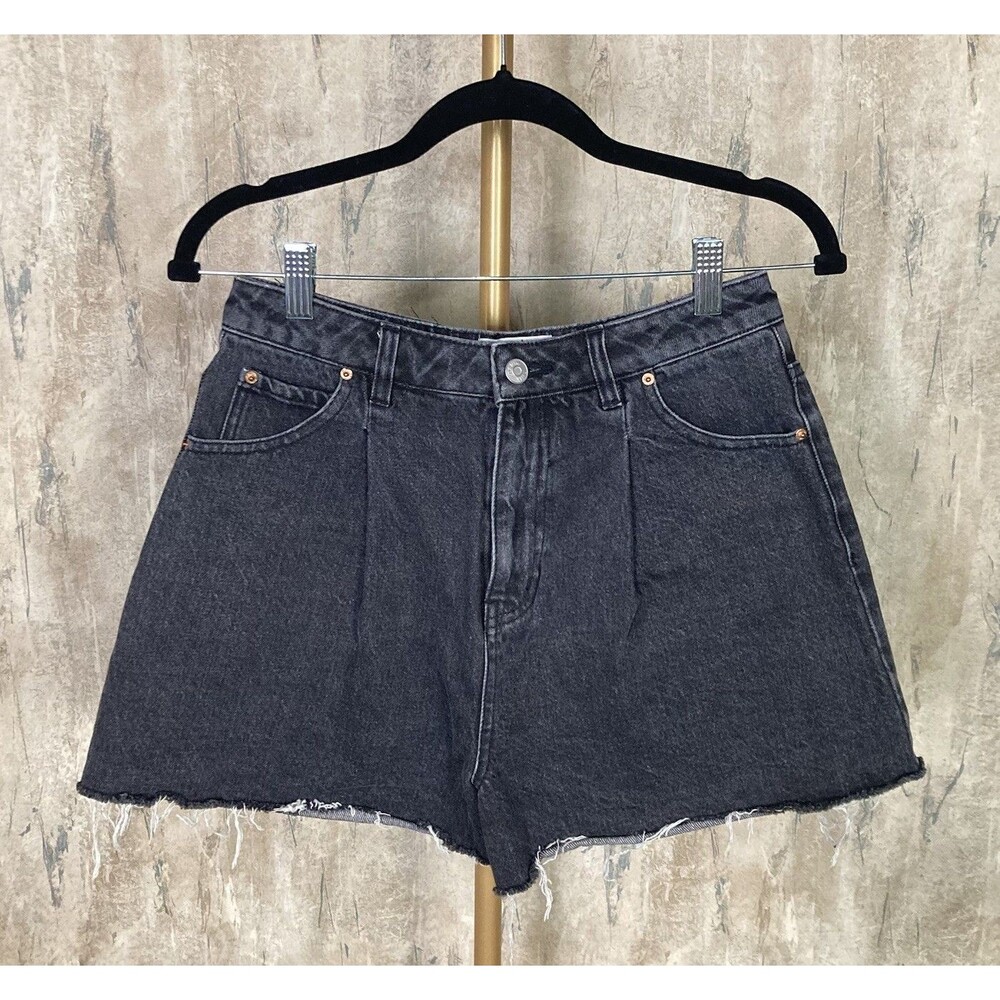 TWIK Par Simons Sz 28 Cotton Women Denim Pleated Black Cut Off Hi Waist Shorts